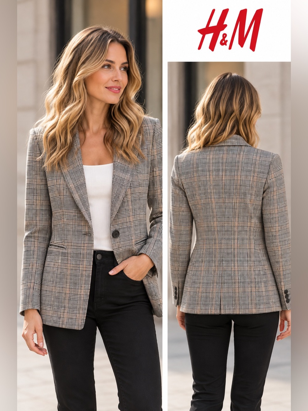 H&M Plaid Blazer in Black, Tan & White Like New